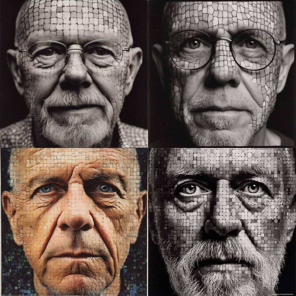 Chuck Close style, Midjourney V5, render 1 of 4
