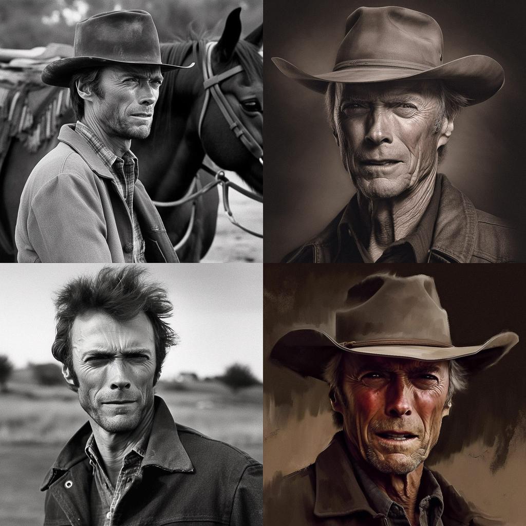 Clint Eastwood style, Midjourney V5, render 1 of 4