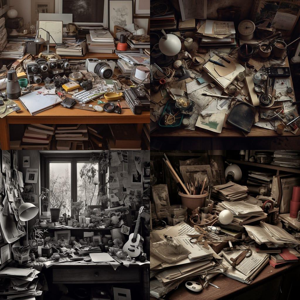 Cluttered composition style, Midjourney V5, render 1 of 4