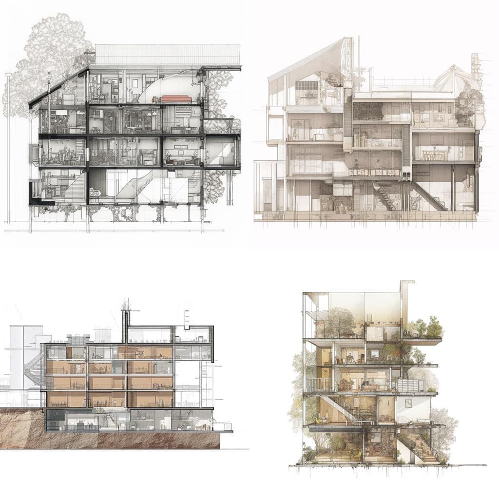 Cross-section plan style, Midjourney V5, render 1 of 4