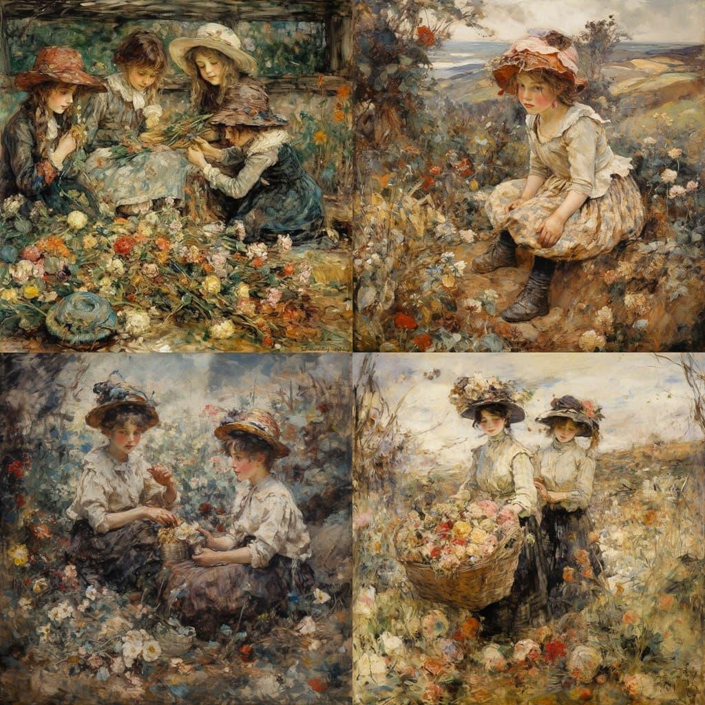 Edward Atkinson Hornel style, Midjourney V5, render 1 of 4