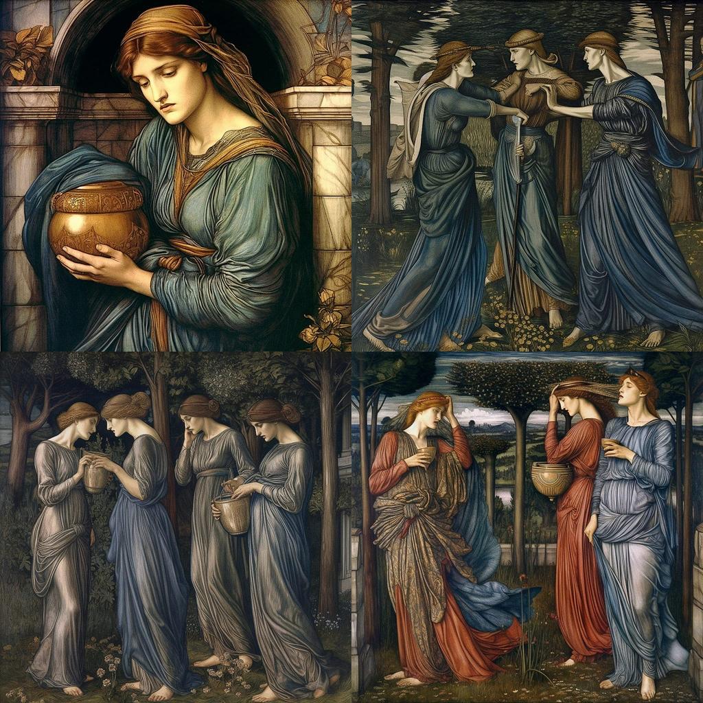 Edward Burne-Jones style, Midjourney V5, render 1 of 4