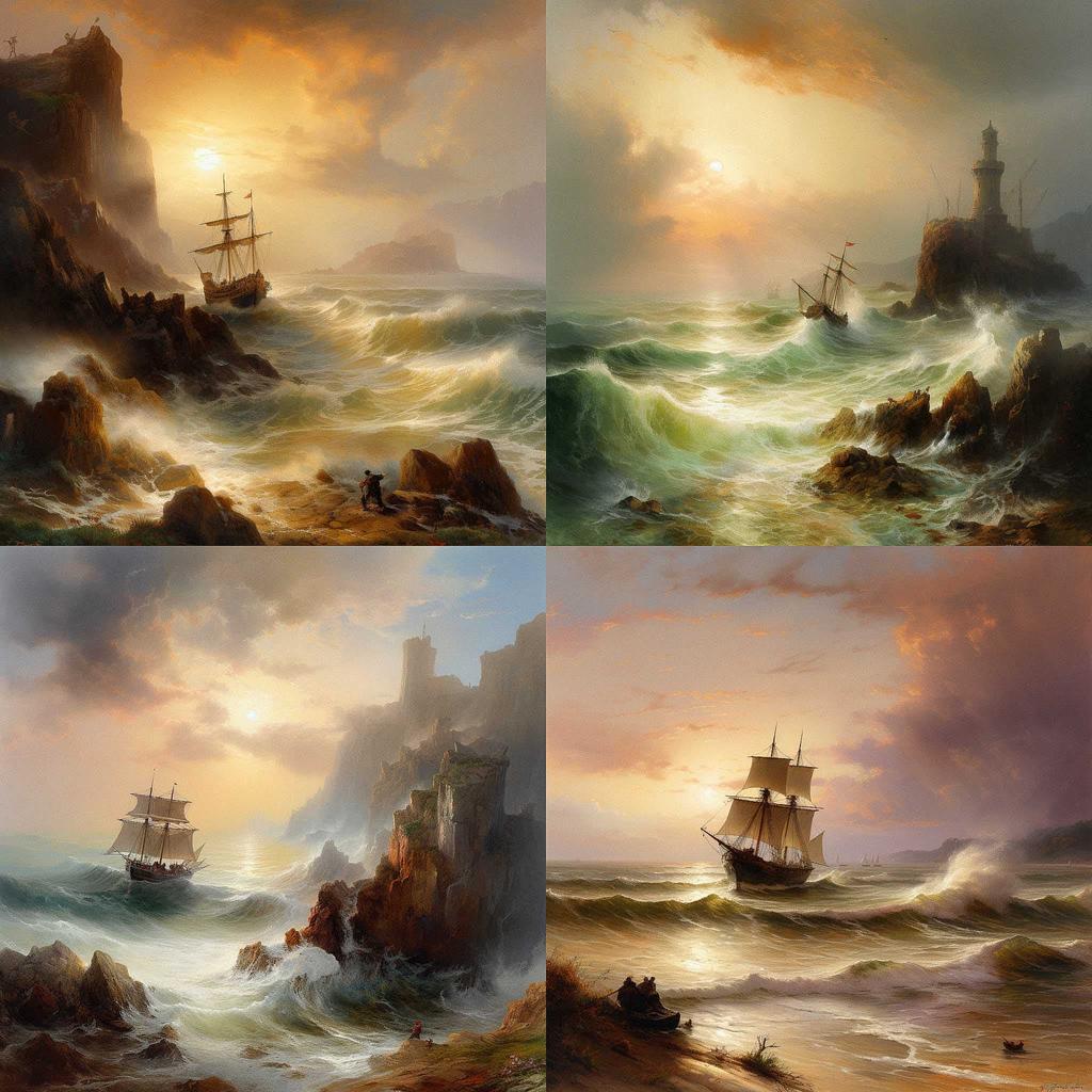 Edward Moran style, Midjourney V5, render 1 of 4