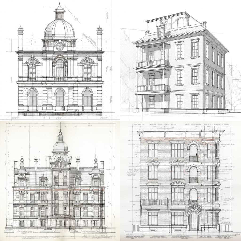 Elevation drawing style, Midjourney V5, render 1 of 4