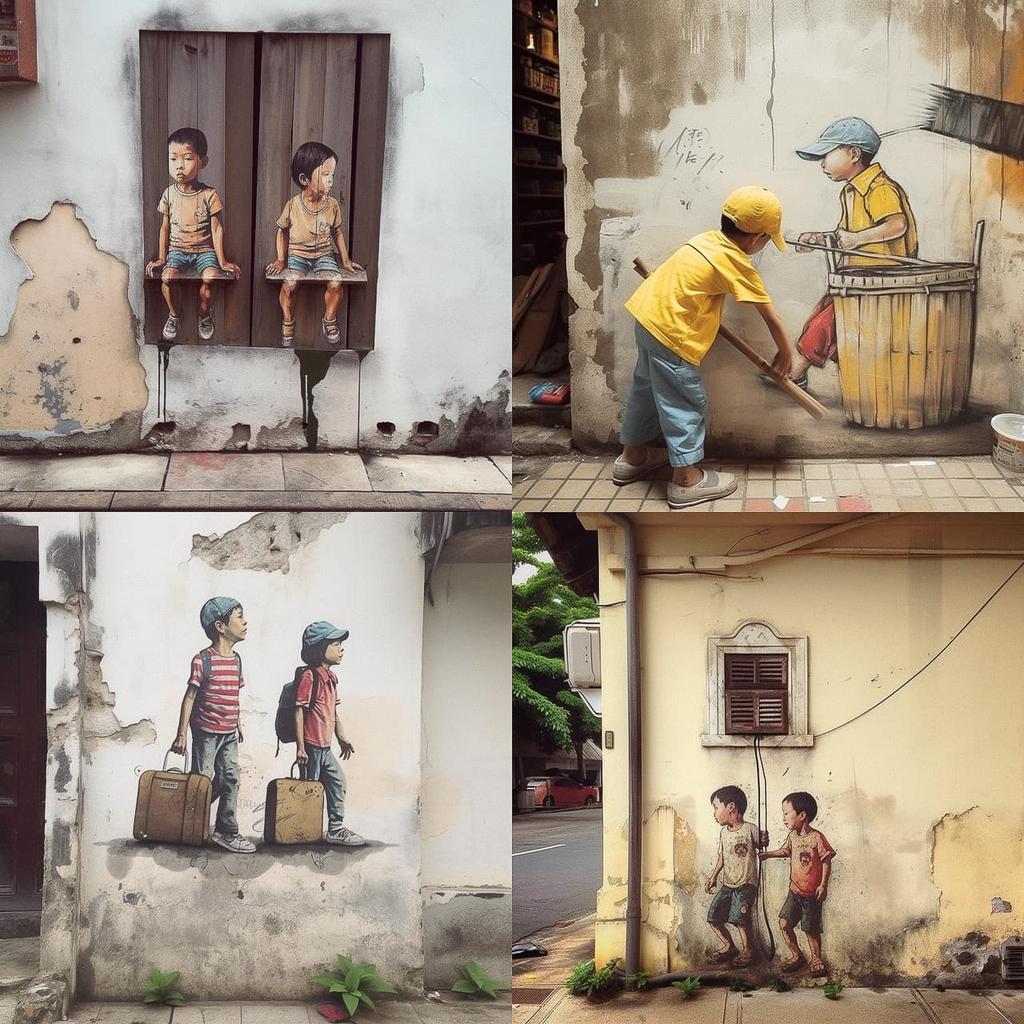 Ernest Zacharevic style, Midjourney V5, render 1 of 4