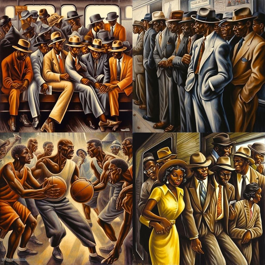 Ernie Barnes style, Midjourney V5, render 1 of 4