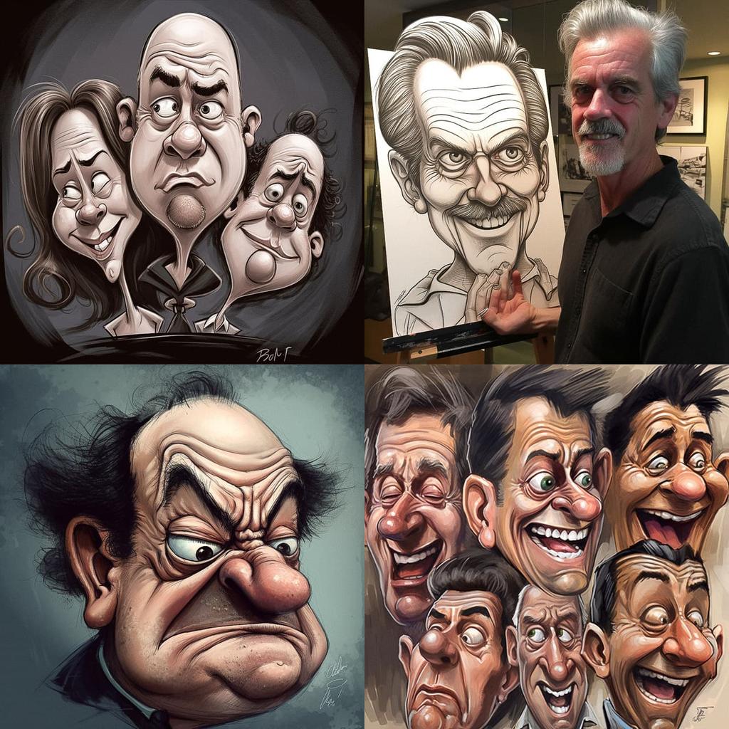 Extreme caricature style, Midjourney V5, render 1 of 4