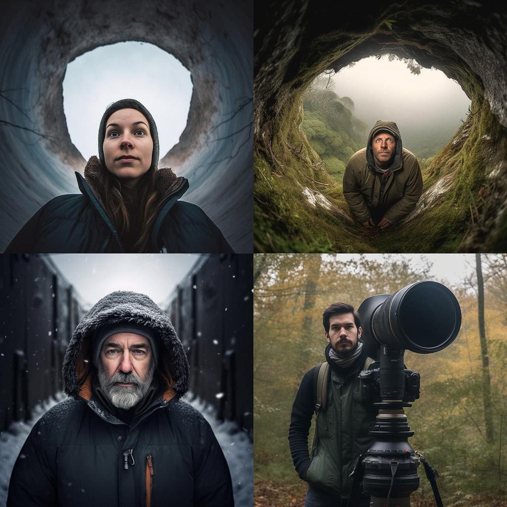 Extreme wide portrait style, Midjourney V5, render 1 of 4