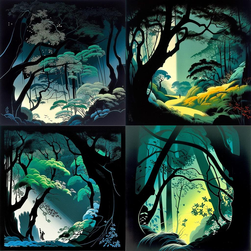 Eyvind Earle style, Midjourney V5, render 1 of 4
