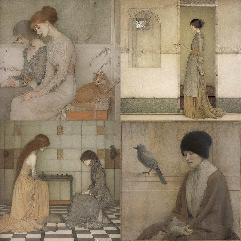 Fernand Khnopff style, Midjourney V5, render 1 of 4