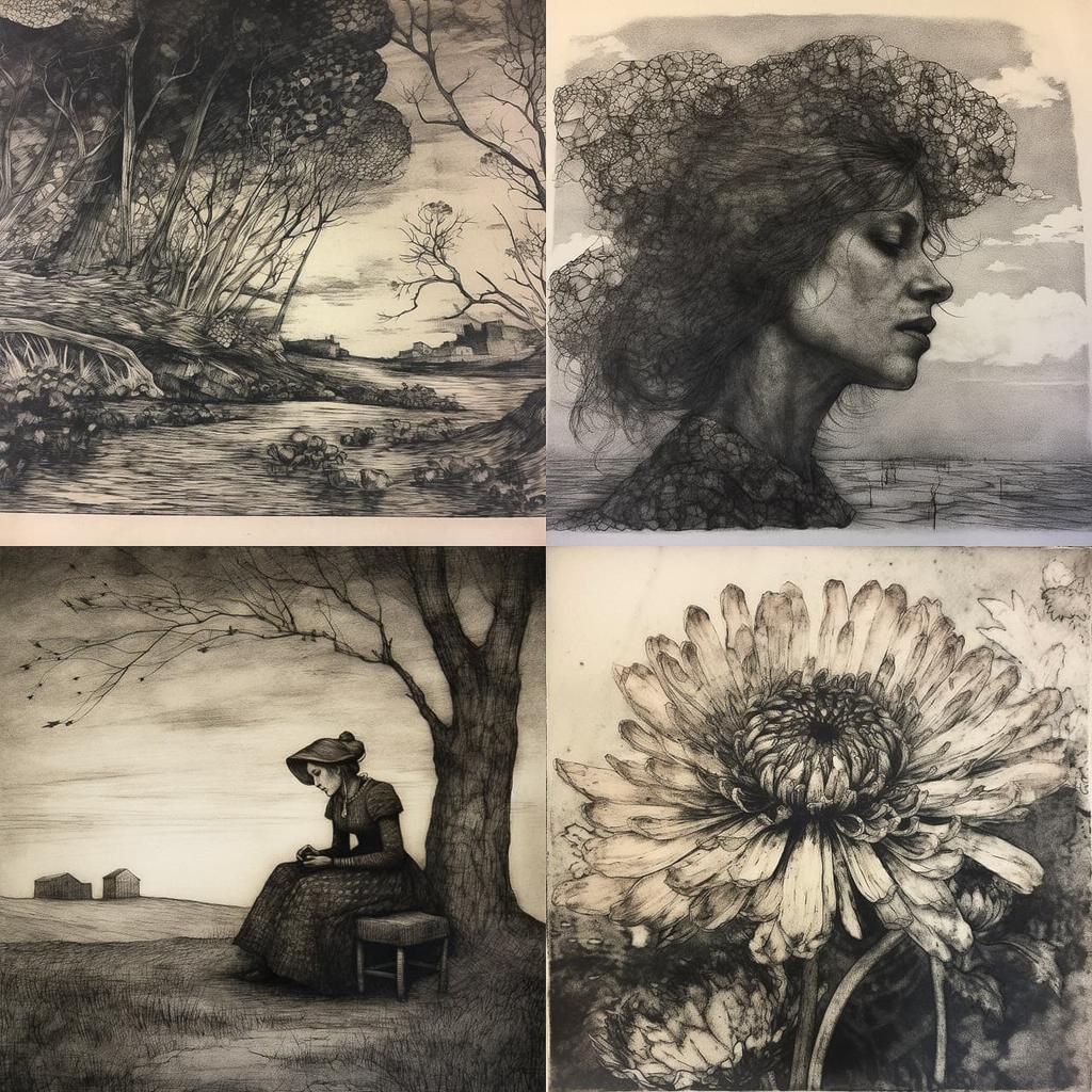 Fine art etching style, Midjourney V5, render 1 of 4