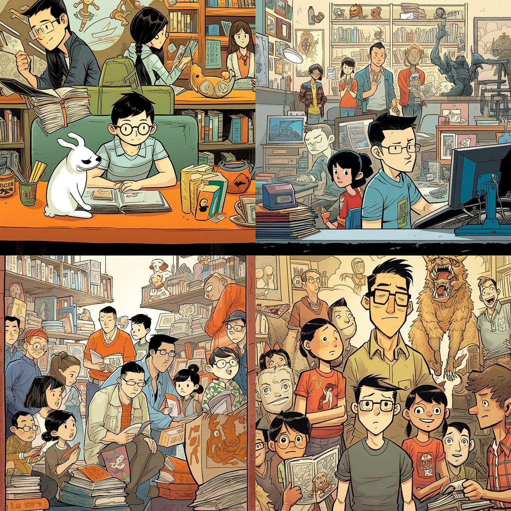 Gene Luen Yang style, Midjourney V5, render 1 of 4
