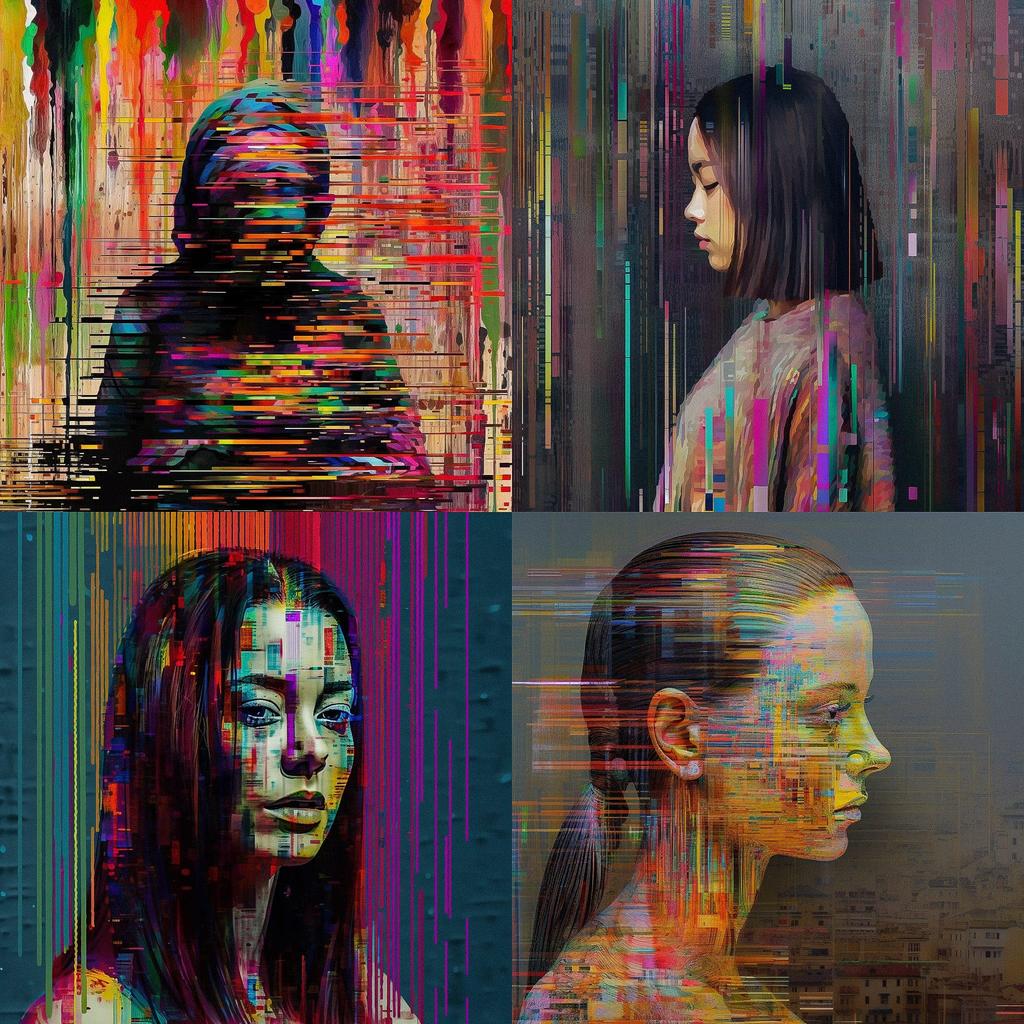 Glitch art style, Midjourney V5, render 1 of 4