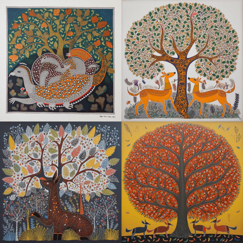 Gond painting style, Midjourney V5, render 1 of 4