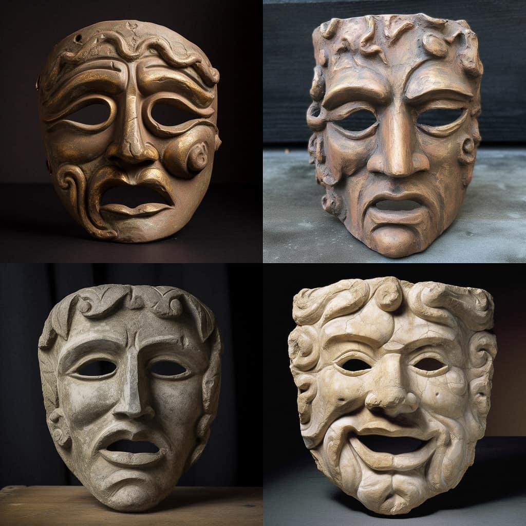 Greek Theatre mask style, Midjourney V5, render 1 of 4