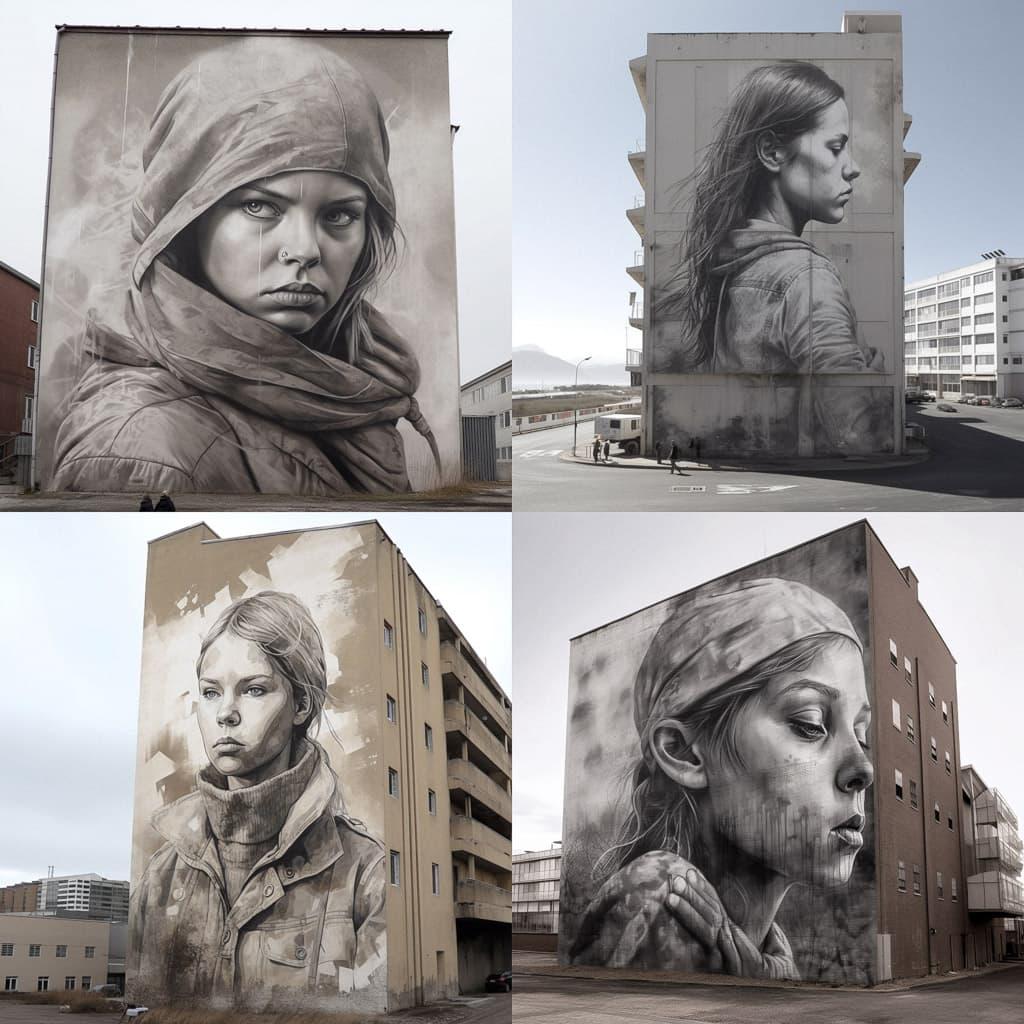 Guido van Helten style, Midjourney V5, render 1 of 4