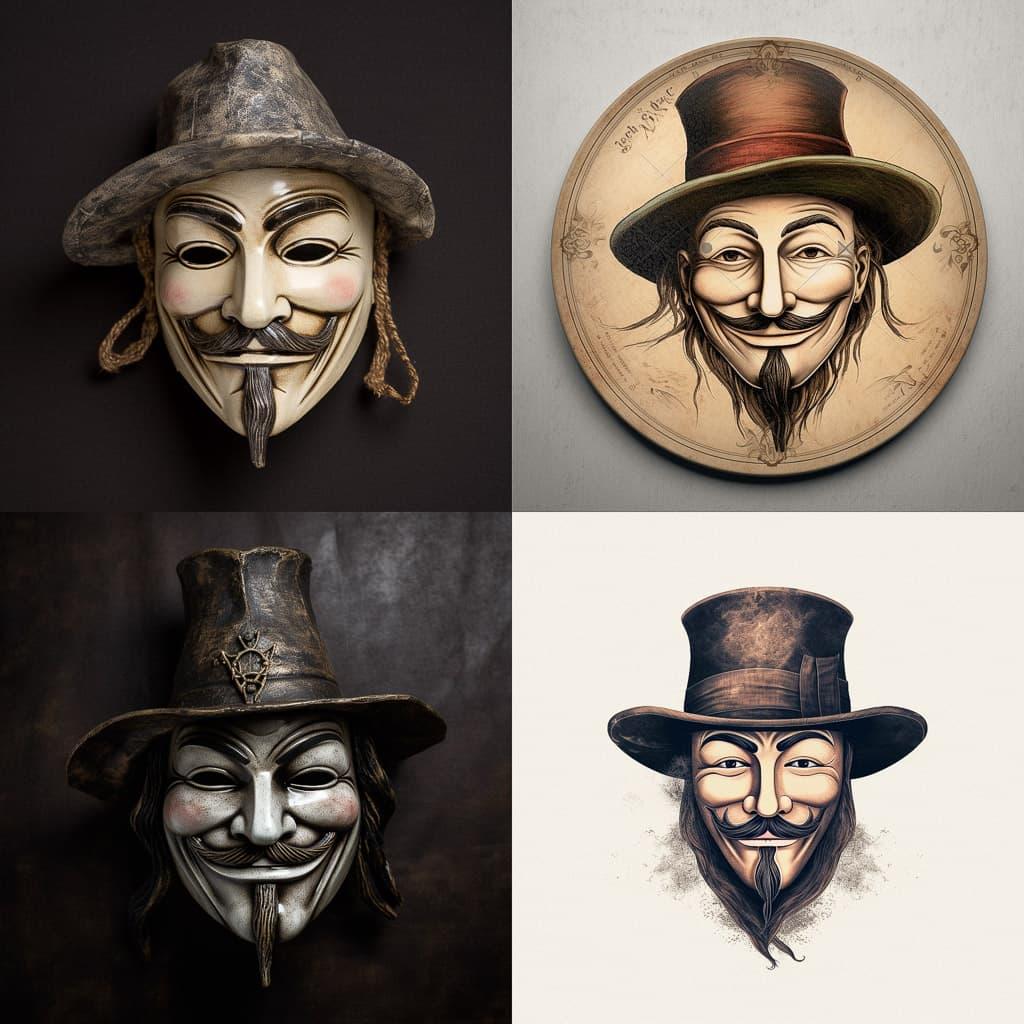 Guy Fawkes mask style, Midjourney V5, render 1 of 4