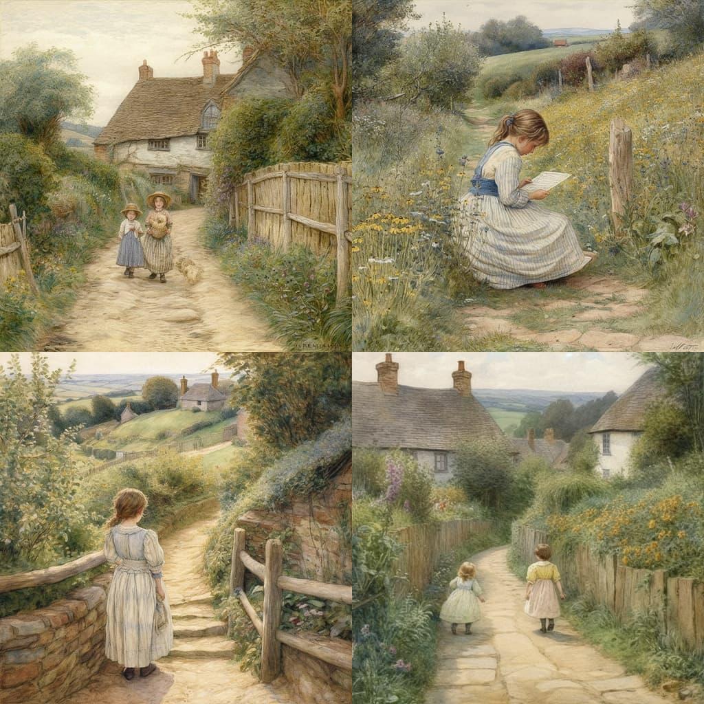 Helen Allingham style, Midjourney V5, render 1 of 4