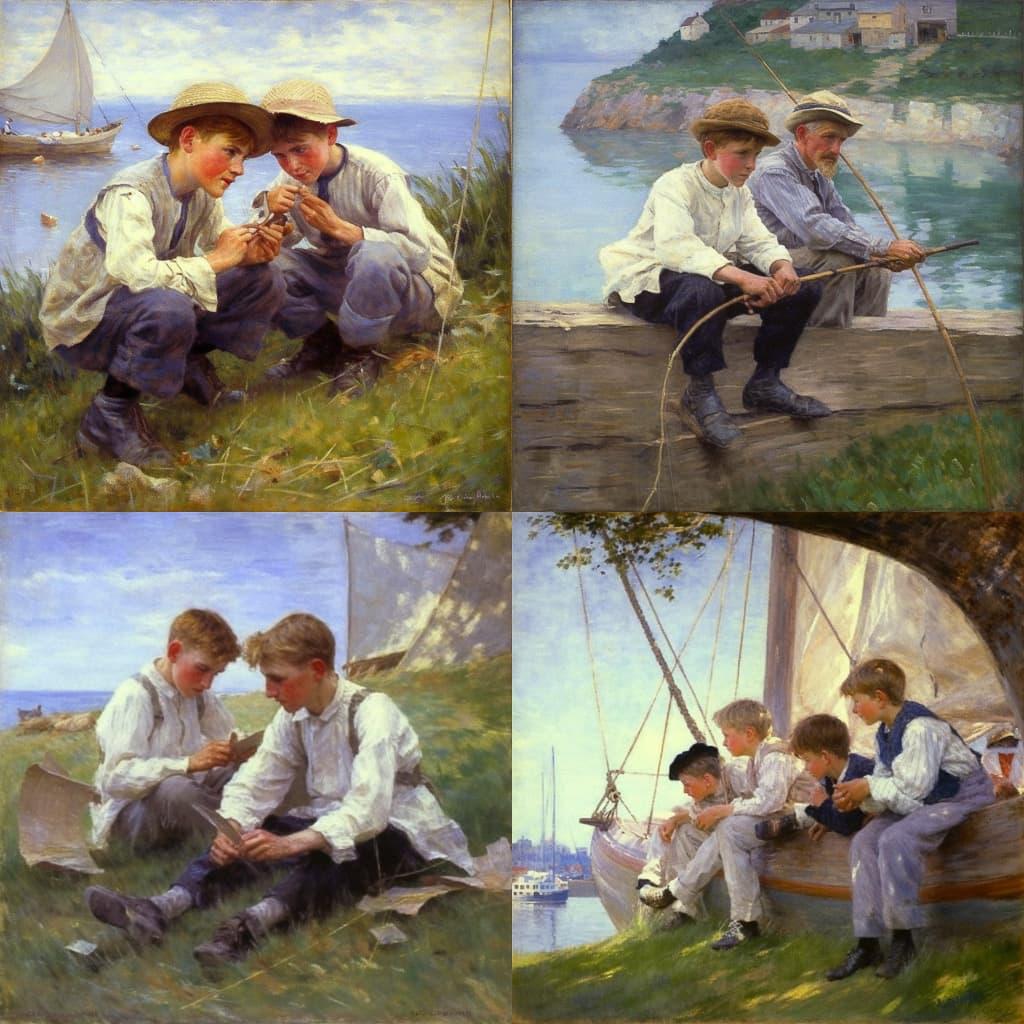 Henry Scott Tuke style, Midjourney V5, render 1 of 4