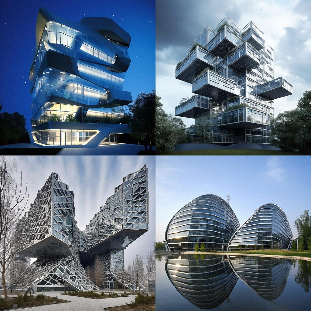 High-tech architecture style, Midjourney V5, render 1 of 4
