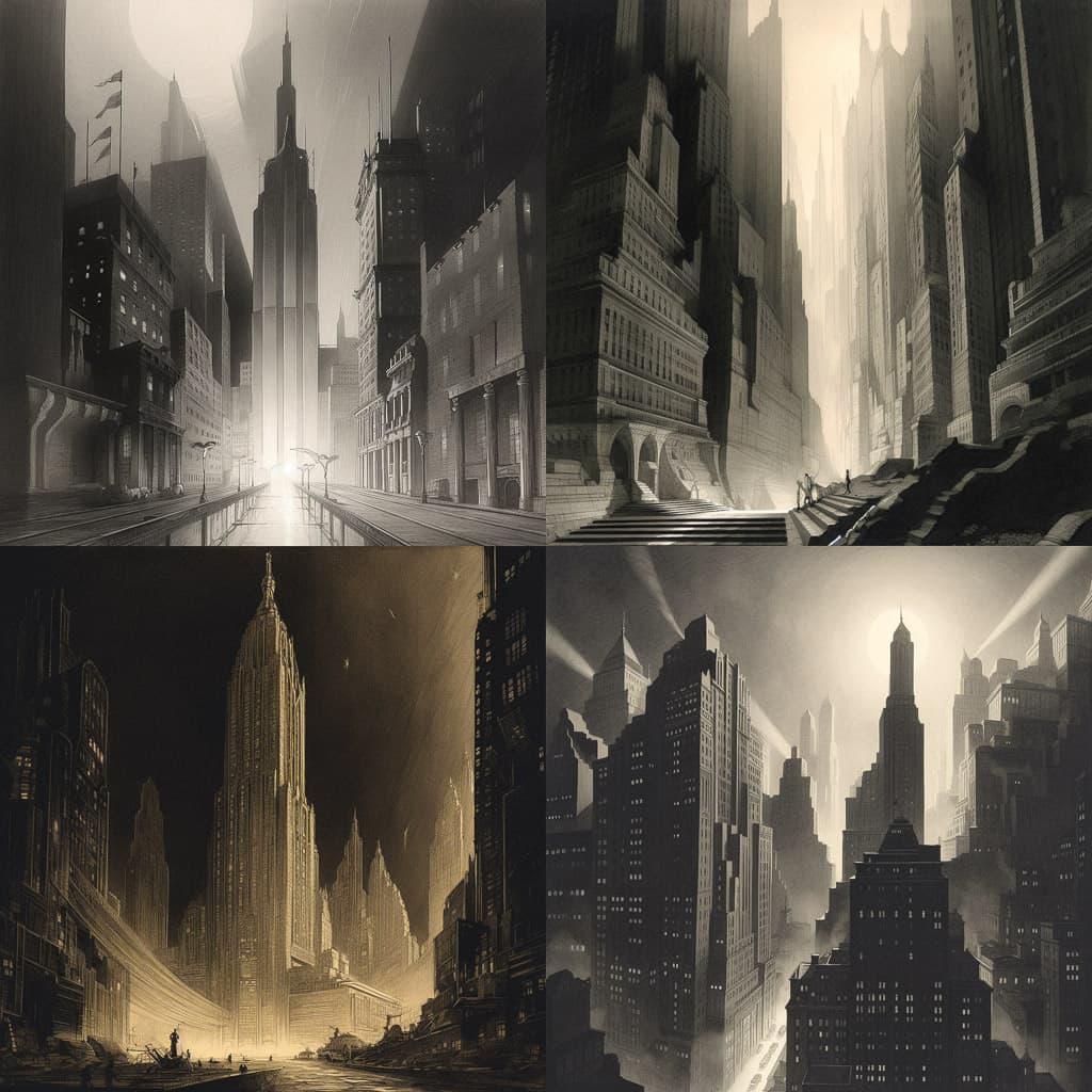 Hugh Ferriss style, Midjourney V5, render 1 of 4