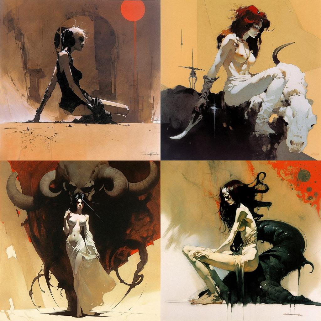 Jeffrey Catherine Jones style, Midjourney V5, render 1 of 4