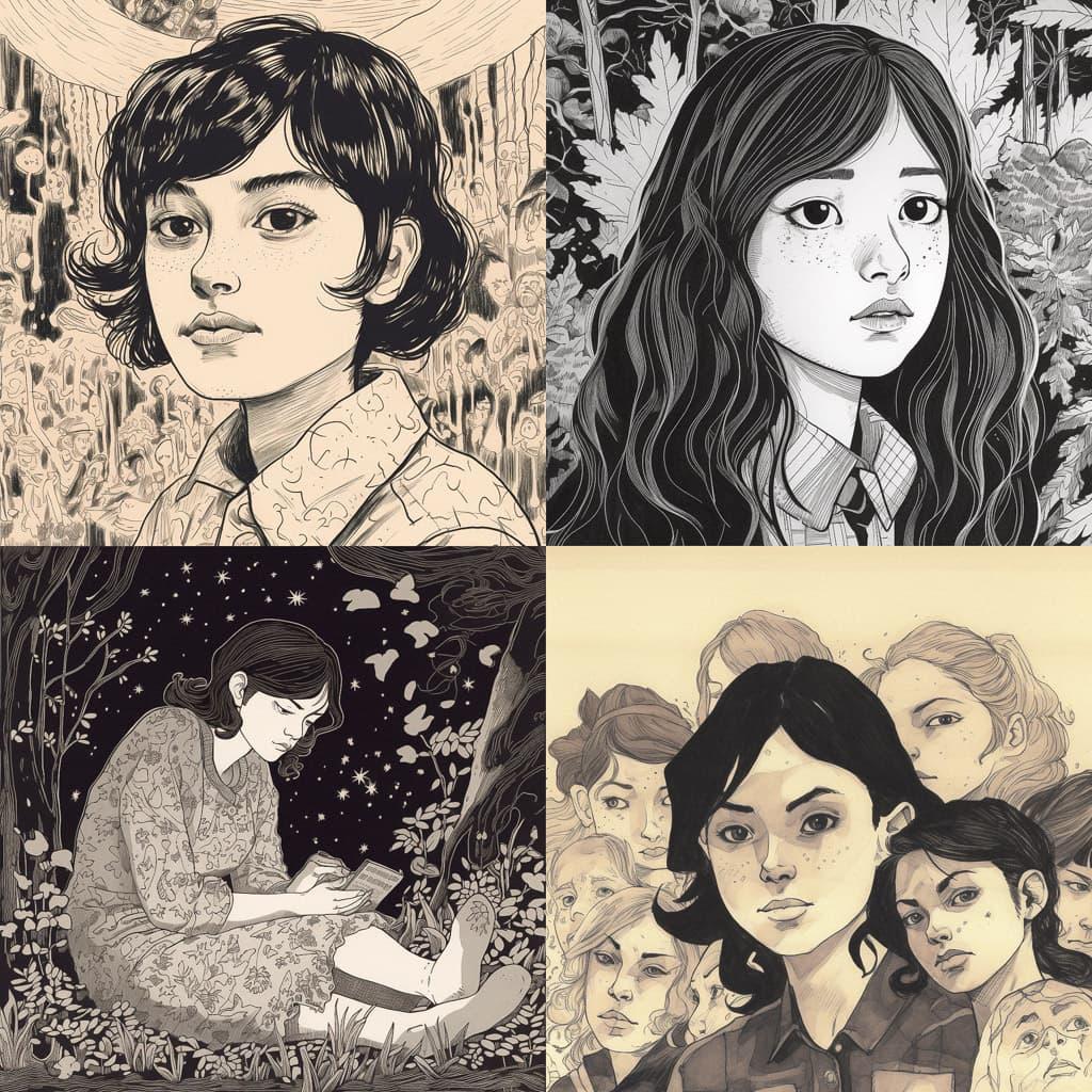 Jillian Tamaki style, Midjourney V5, render 1 of 4