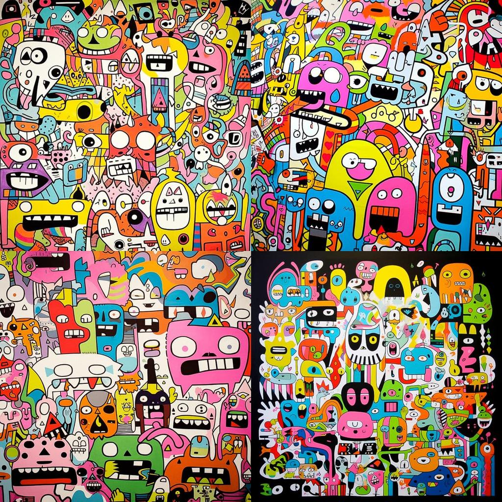 Jon Burgerman style, Midjourney V5, render 1 of 4