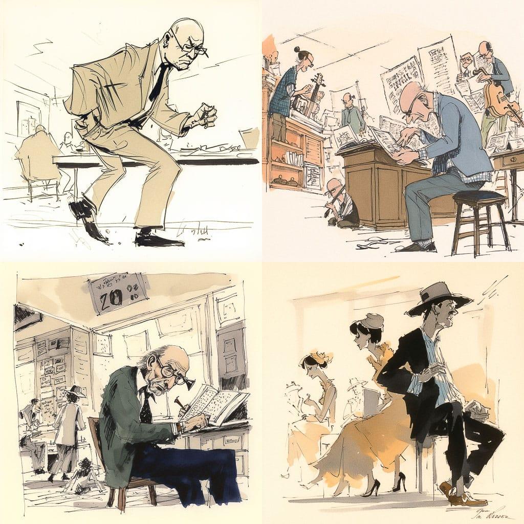 Jules Feiffer style, Midjourney V5, render 1 of 4