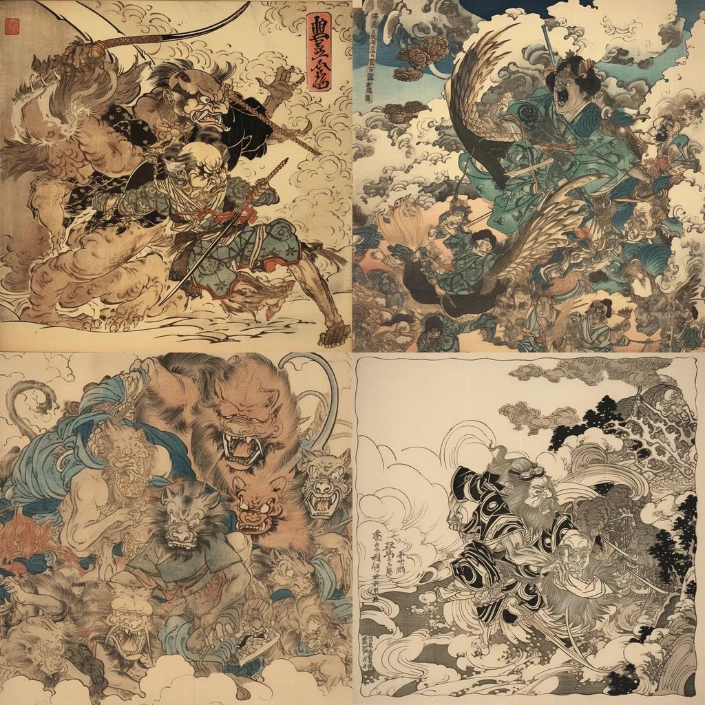 Kawanabe Kyosai style, Midjourney V5, render 1 of 4