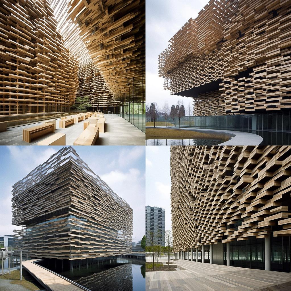 Kengo Kuma style, Midjourney V5, render 1 of 4