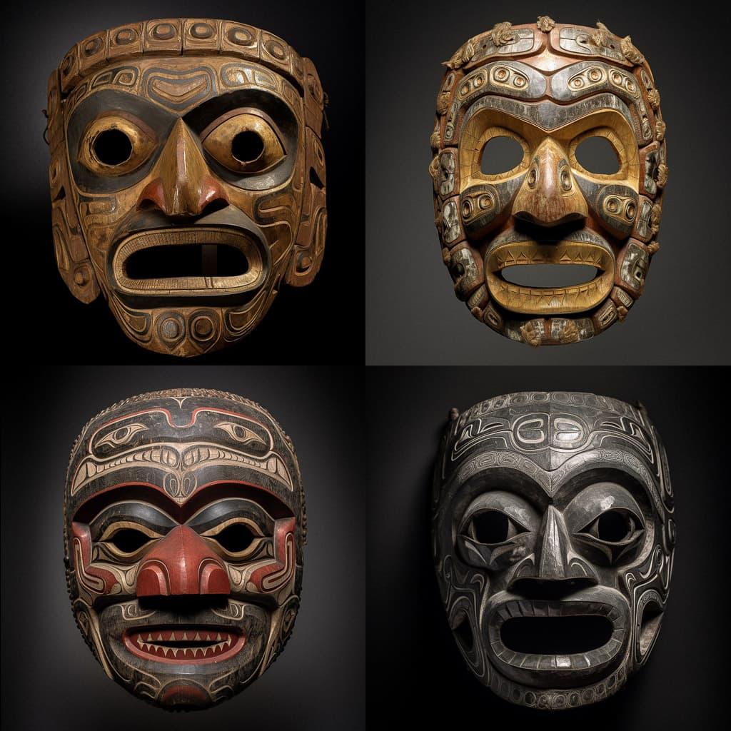 Kwakiutl mask style, Midjourney V5, render 1 of 4