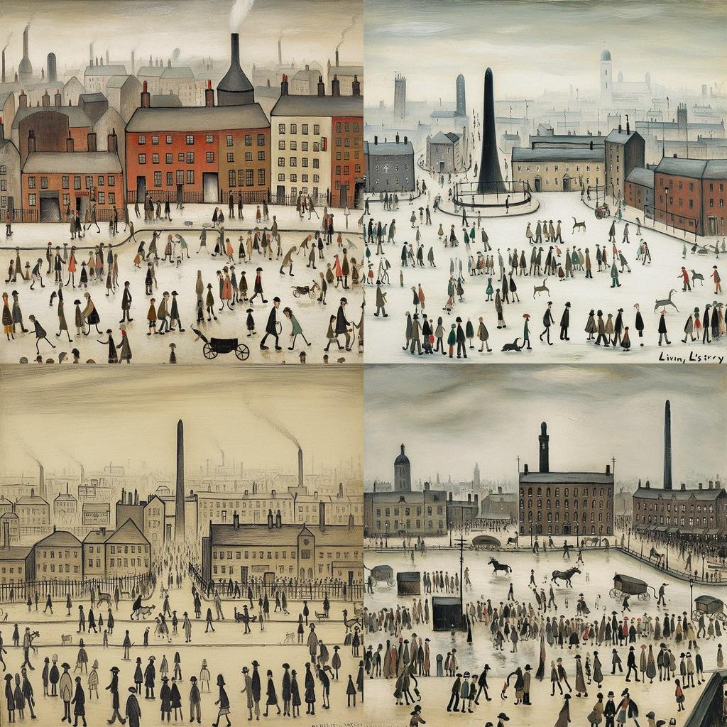 L. S. Lowry style, Midjourney V5, render 1 of 4