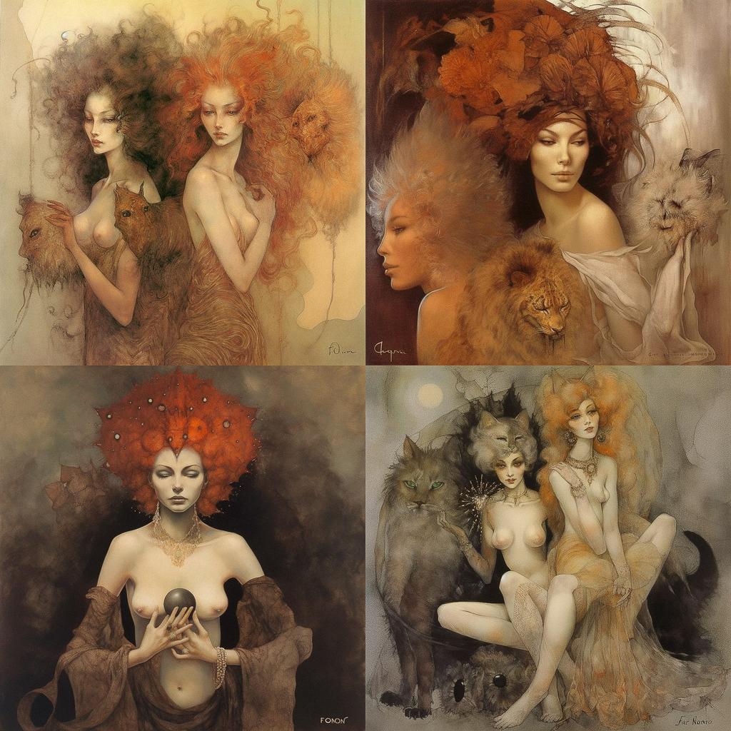 Leonor Fini style, Midjourney V5, render 1 of 4