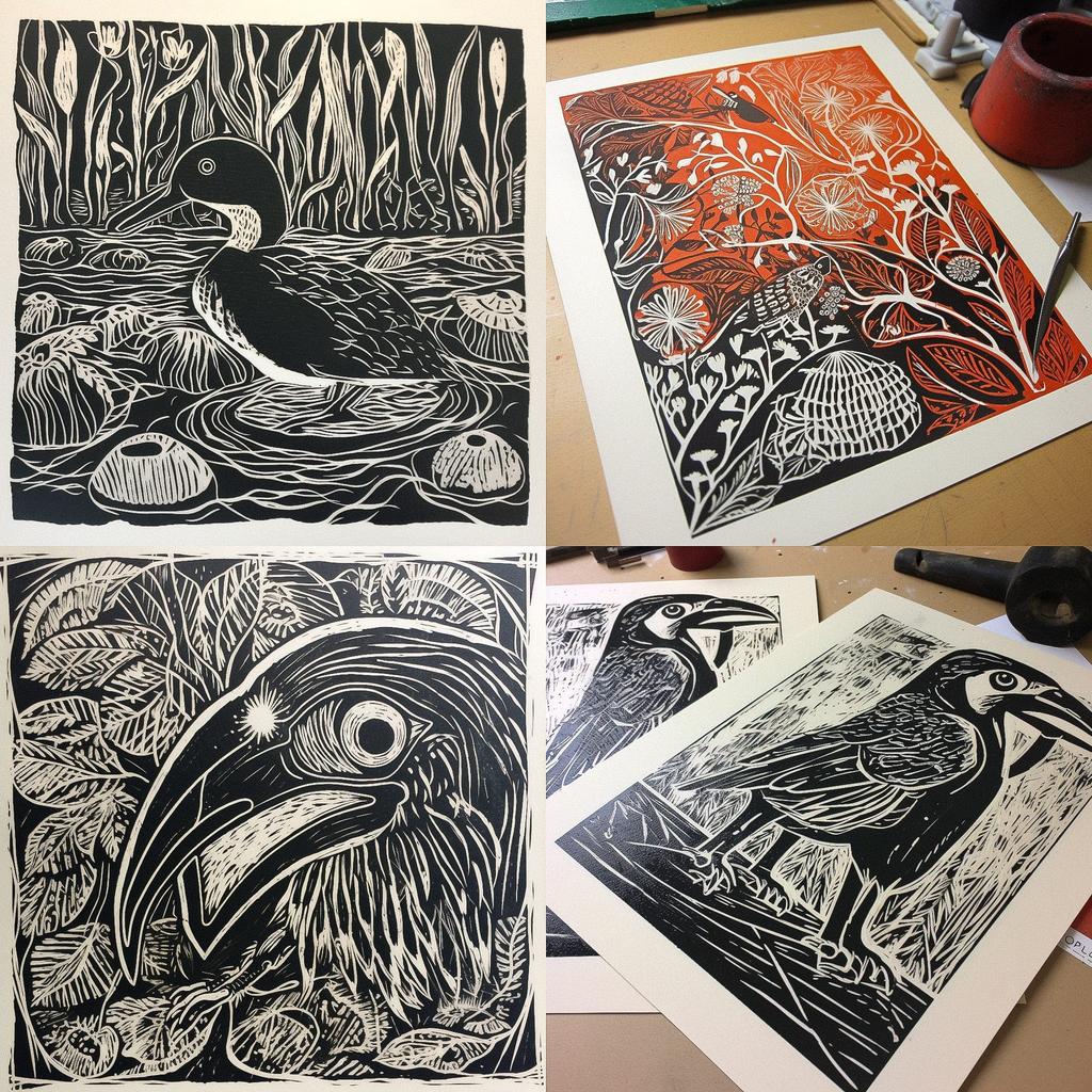Linocut print style, Midjourney V5, render 1 of 4
