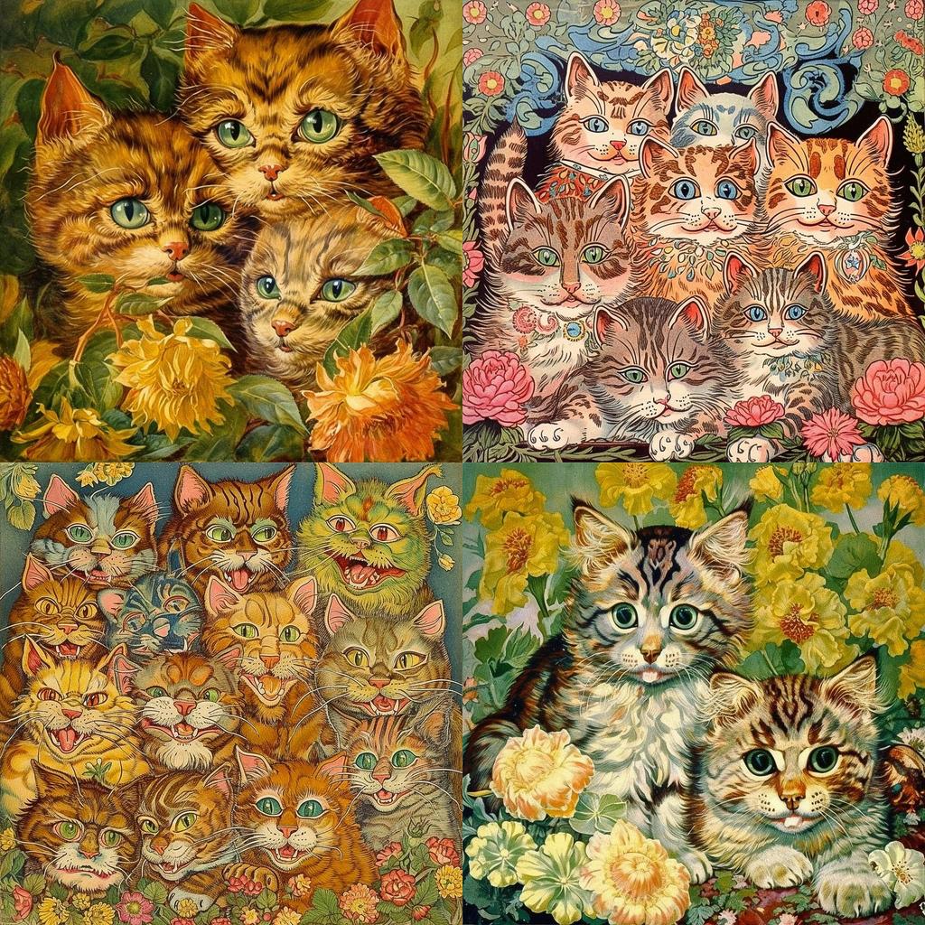 Louis Wain style, Midjourney V5, render 1 of 4