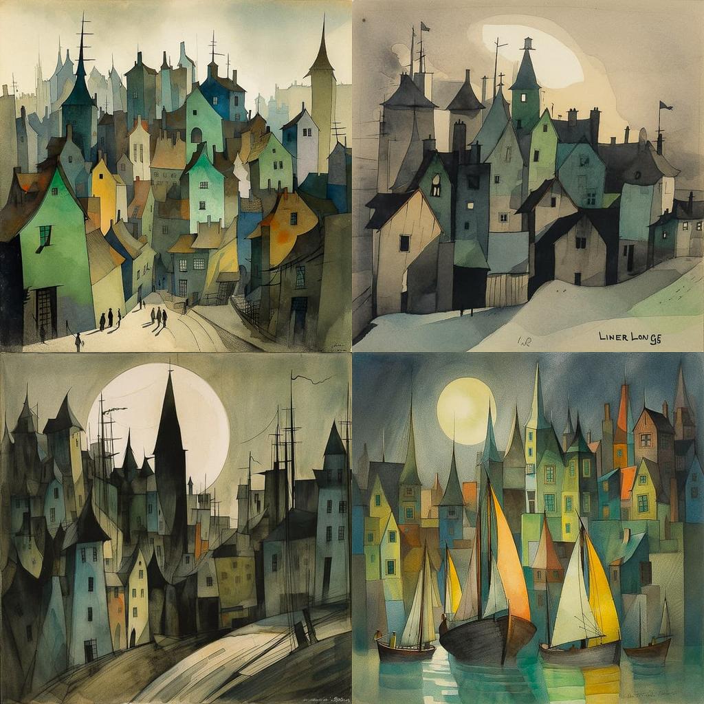 Lyonel Feininger style, Midjourney V5, render 1 of 4