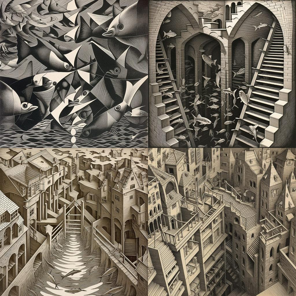 M. C. Escher style, Midjourney V5, render 1 of 4