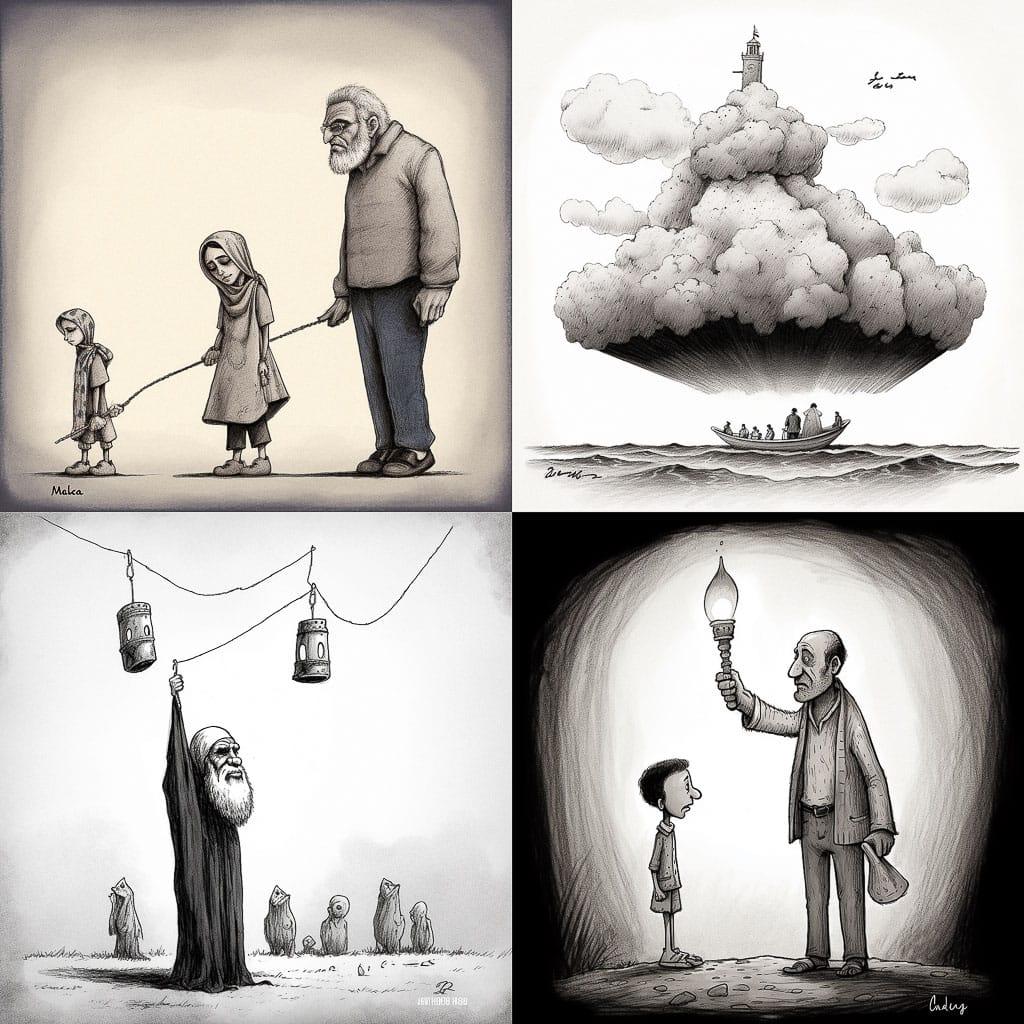 Mana Neyestani style, Midjourney V5, render 1 of 4