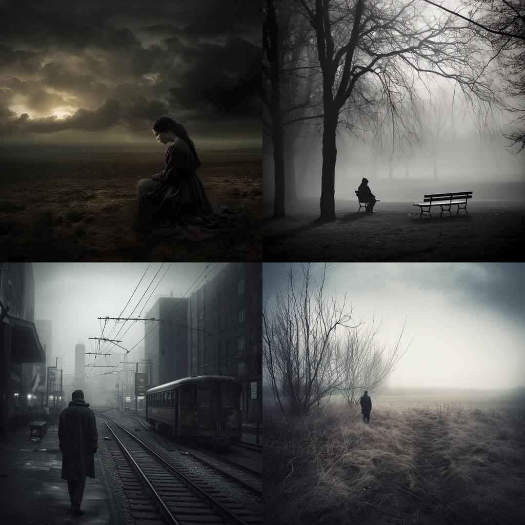 Melancholic atmosphere style, Midjourney V5, render 1 of 4
