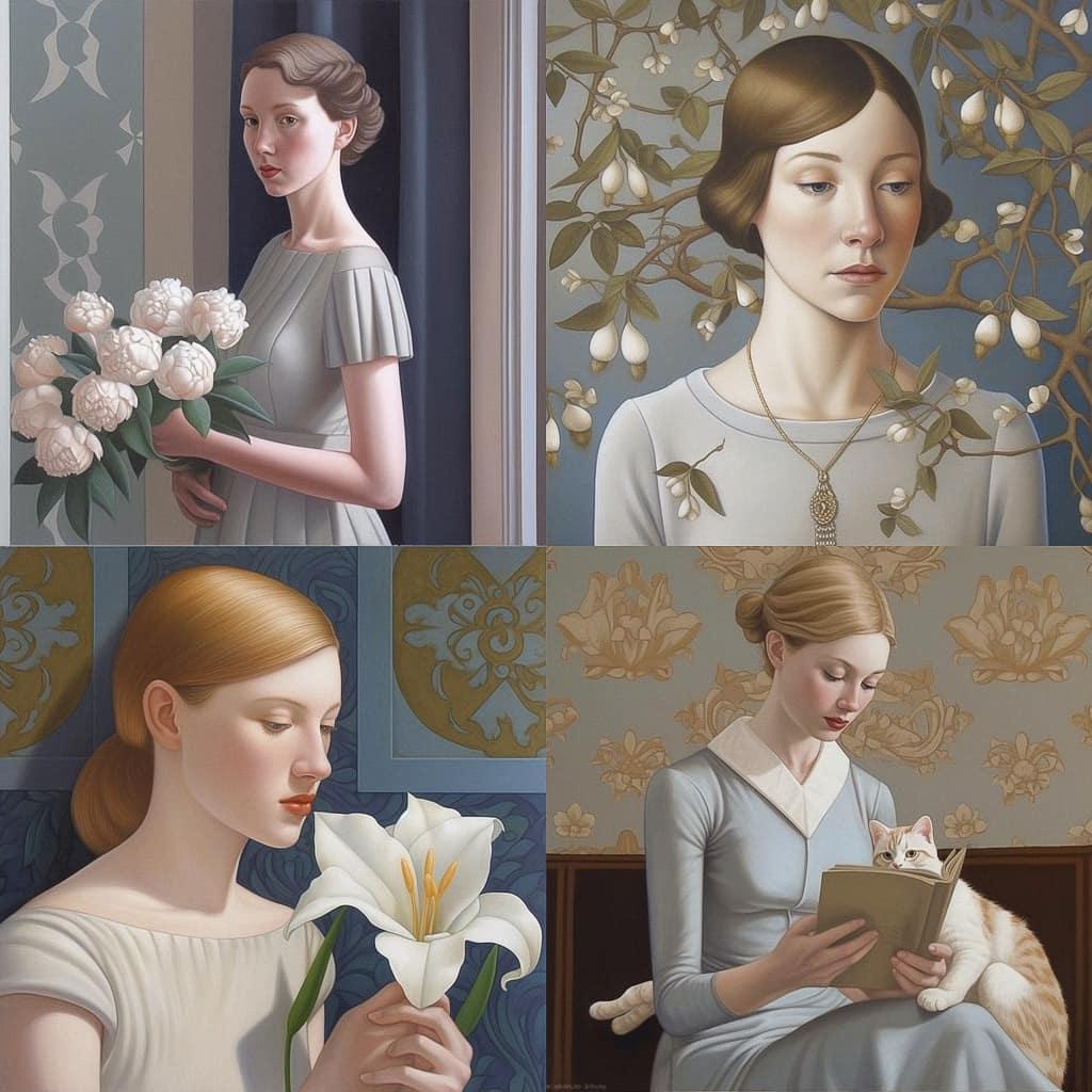 Meredith Frampton style, Midjourney V5, render 1 of 4