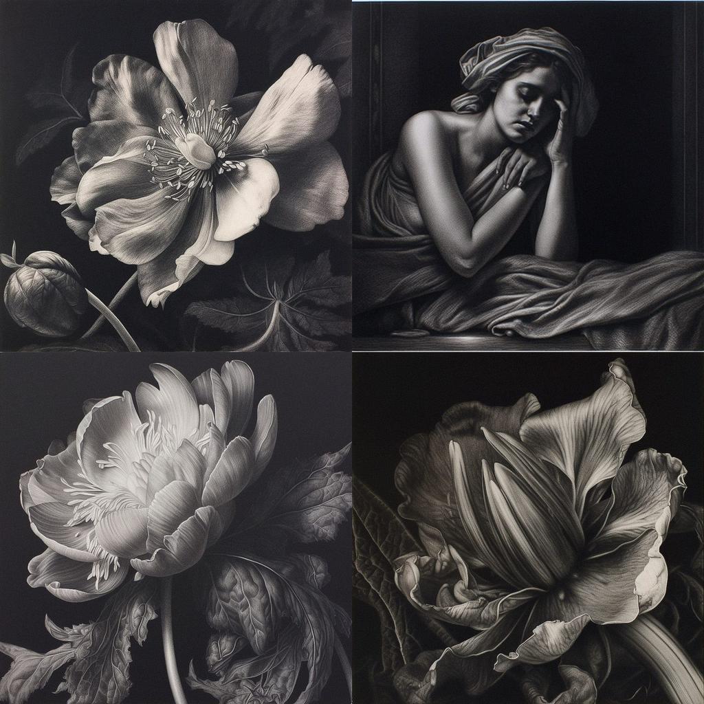 Mezzotint print style, Midjourney V5, render 1 of 4