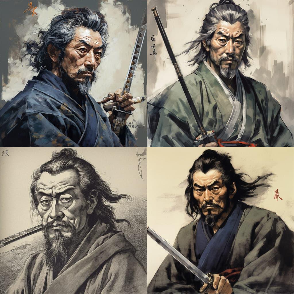 Miyamoto Musashi style, Midjourney V5, render 1 of 4
