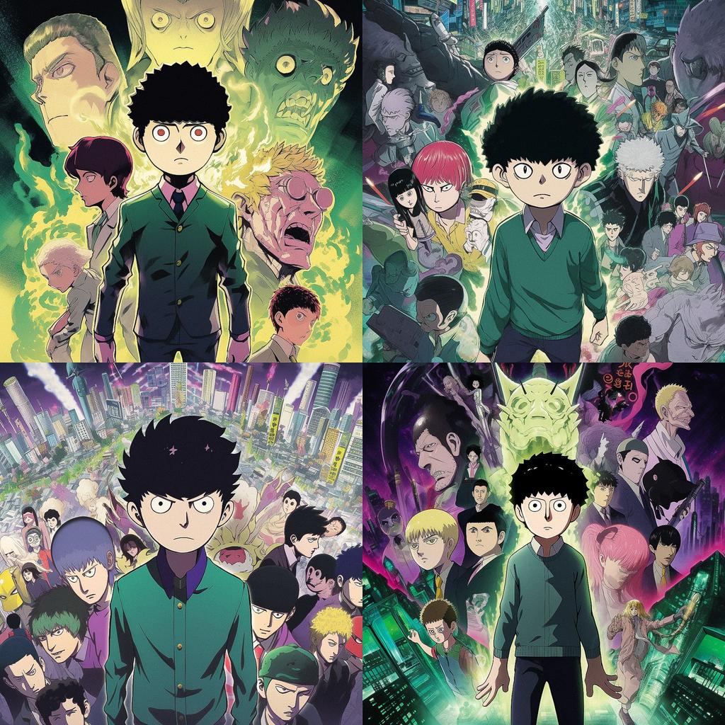 Mob Psycho 100 style, Midjourney V5, render 1 of 4