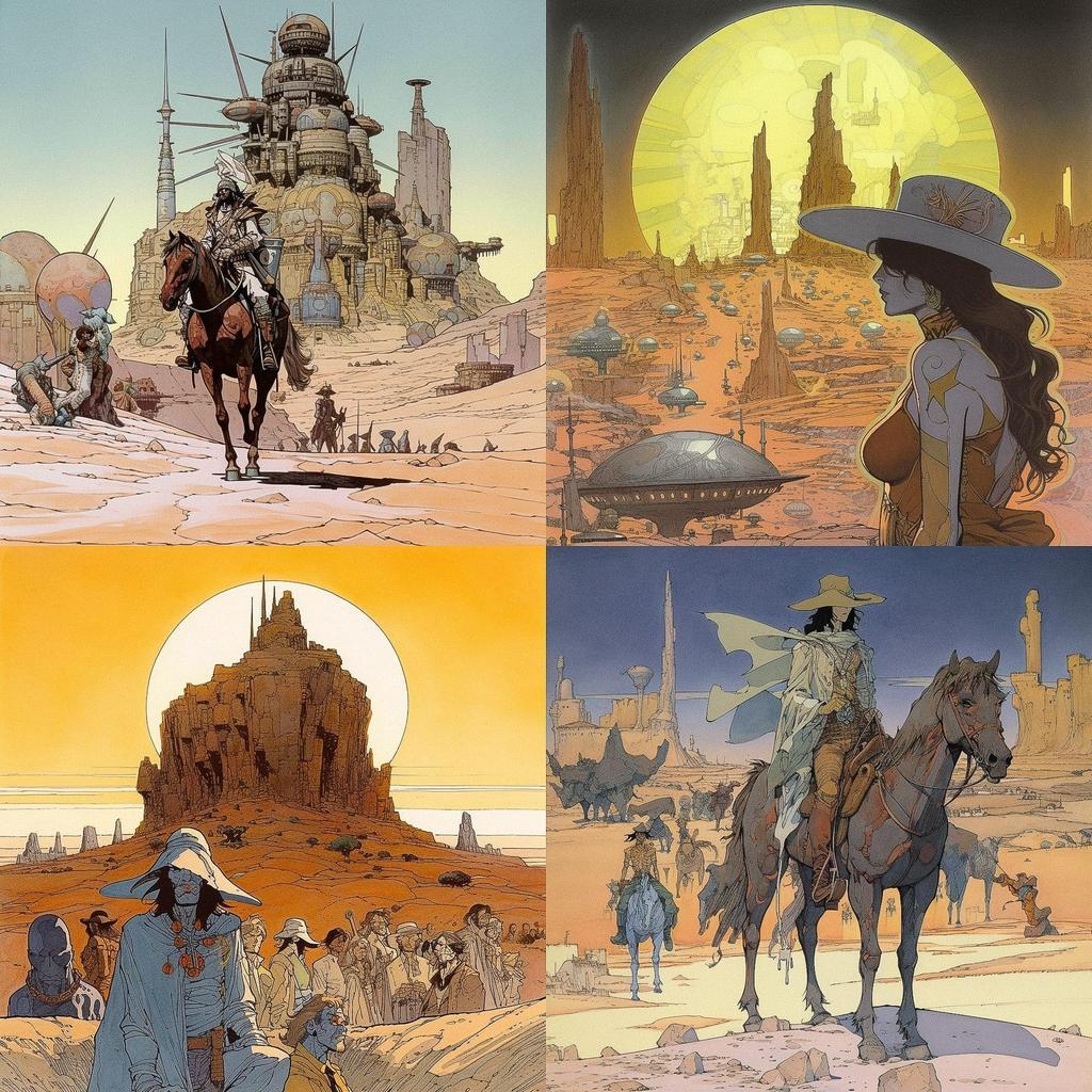 Moebius style, Midjourney V5, render 1 of 4