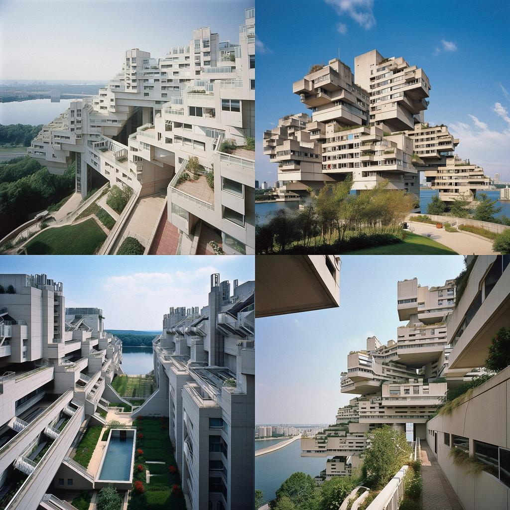 Moshe Safdie style, Midjourney V5, render 1 of 4