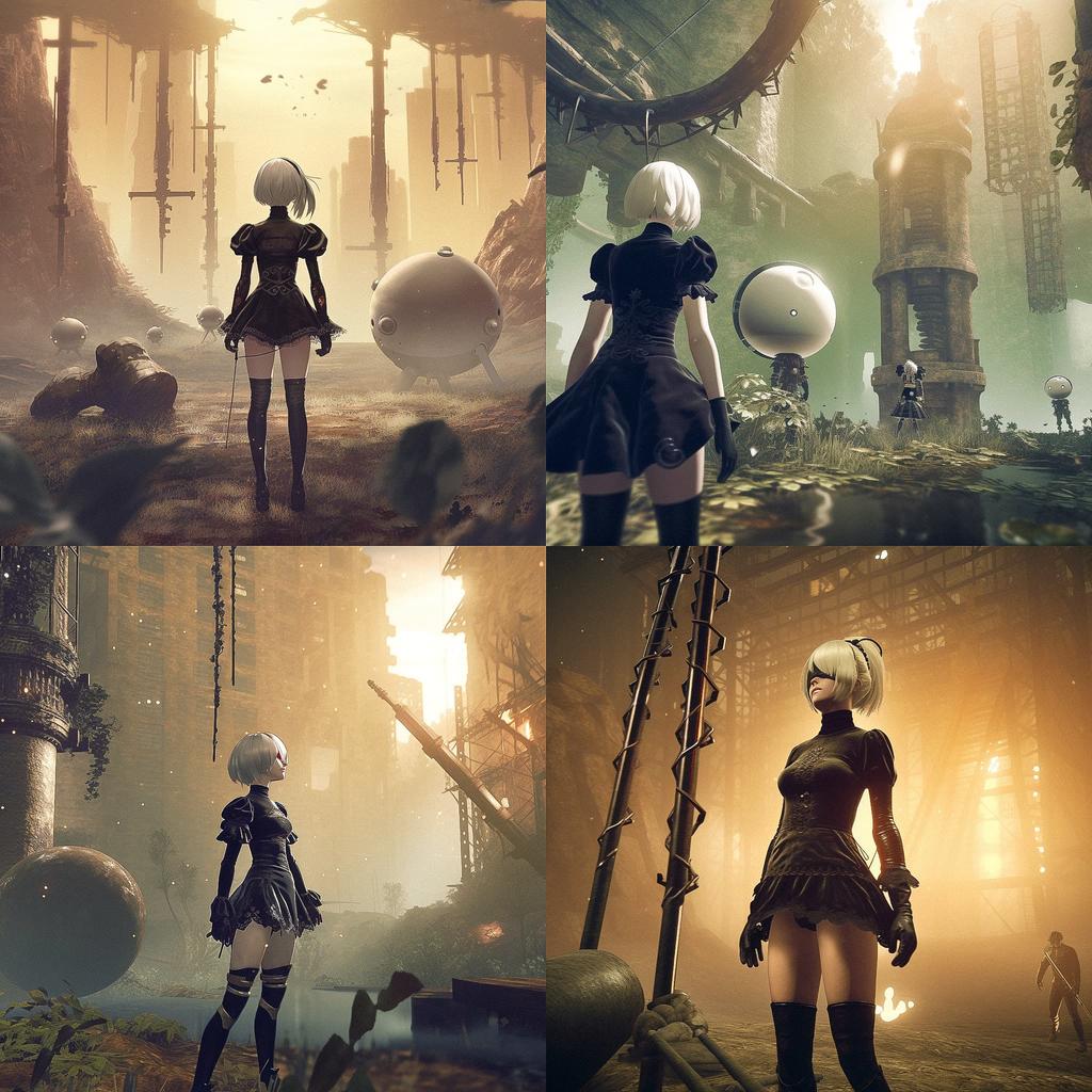 Nier Automata style, Midjourney V5, render 1 of 4