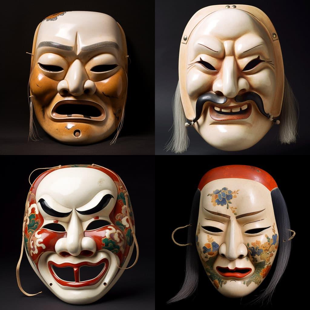Noh Theater mask style, Midjourney V5, render 1 of 4