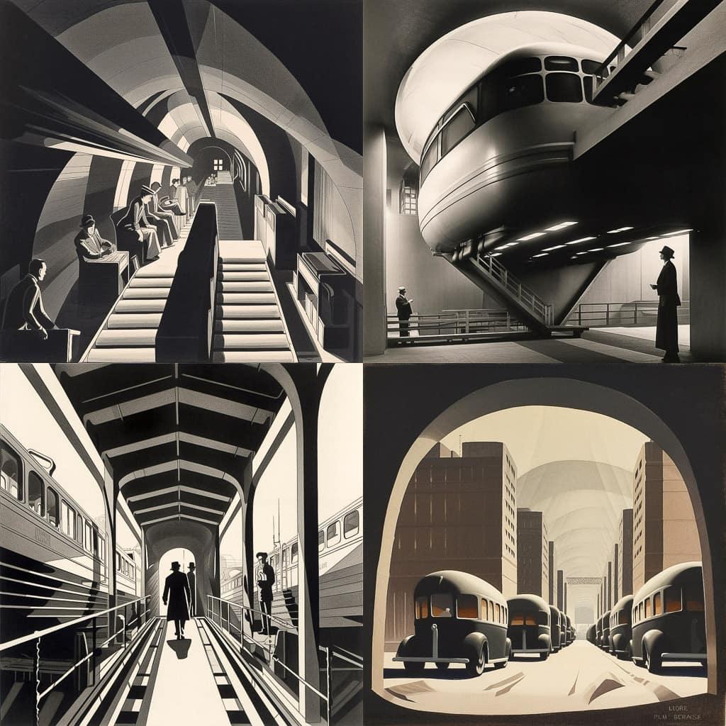 Norman Bel Geddes style, Midjourney V5, render 1 of 4