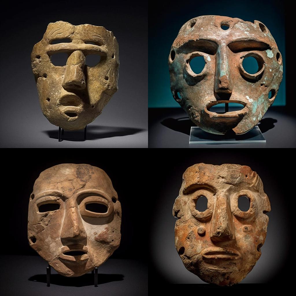 Nuragic mask style, Midjourney V5, render 1 of 4